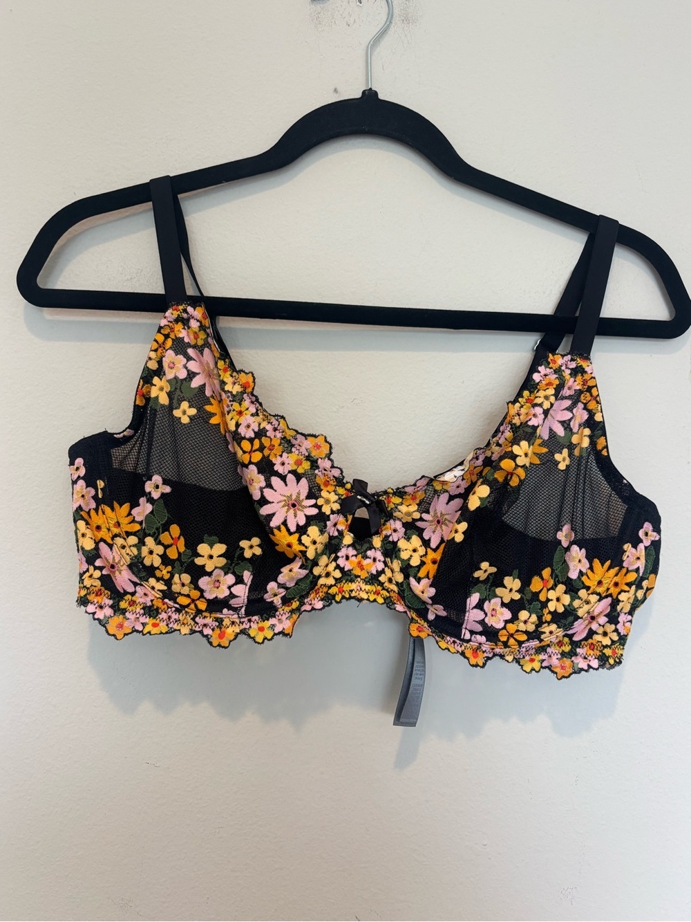 Savage X Fenty Black Mesh Underwire Bra with Pink & Yellow Floral Embroidery